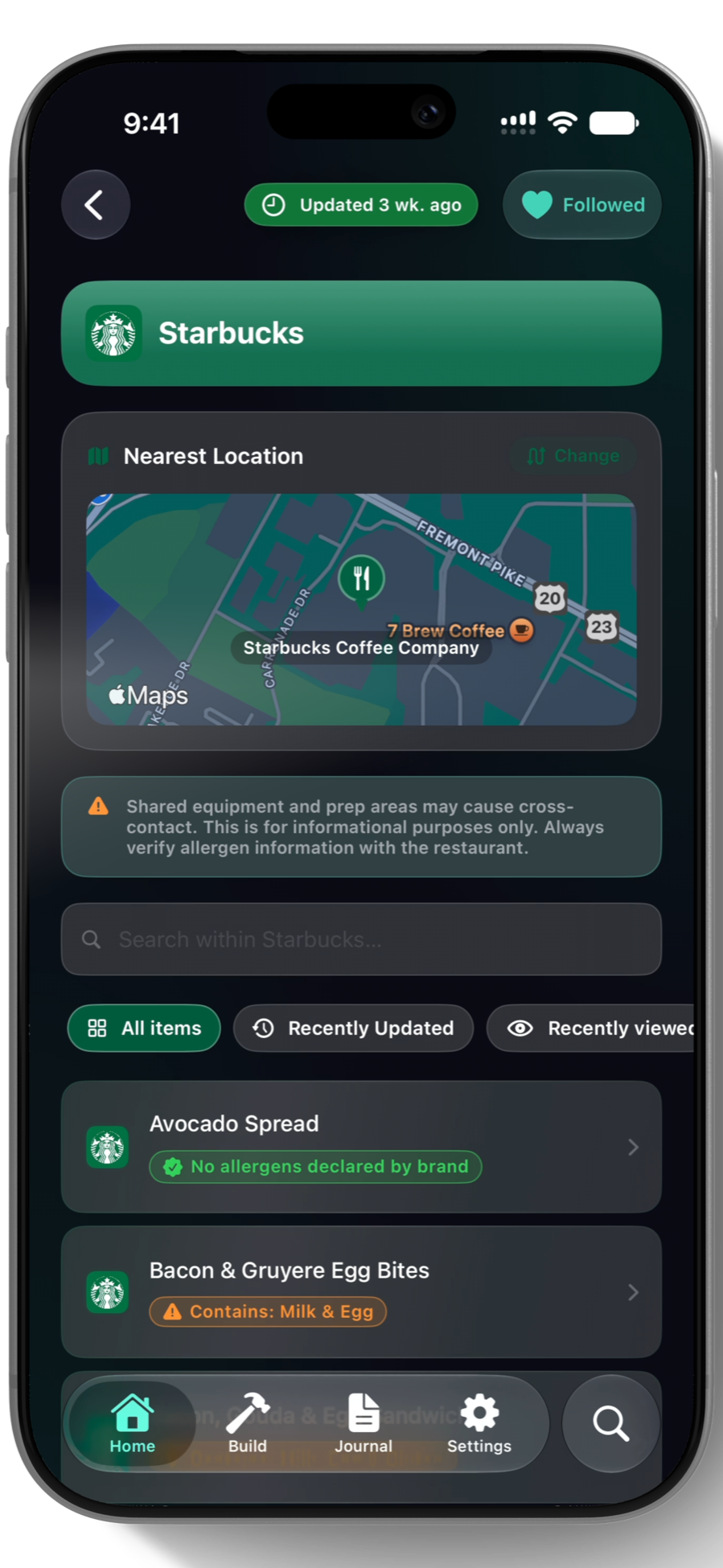 Starbucks restaurant results in Ansyrs with a nearby location and allergen-aware menu items