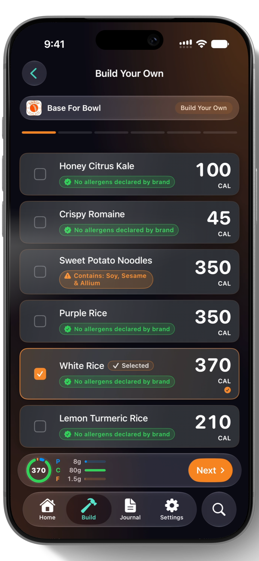 BIBIBOP build-your-own flow in Ansyrs with ingredient calories and allergen context