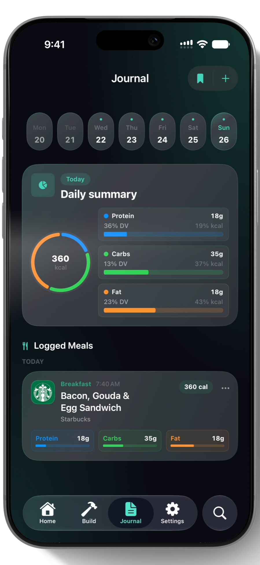 Ansyrs nutrition journal with a daily summary and logged meals
