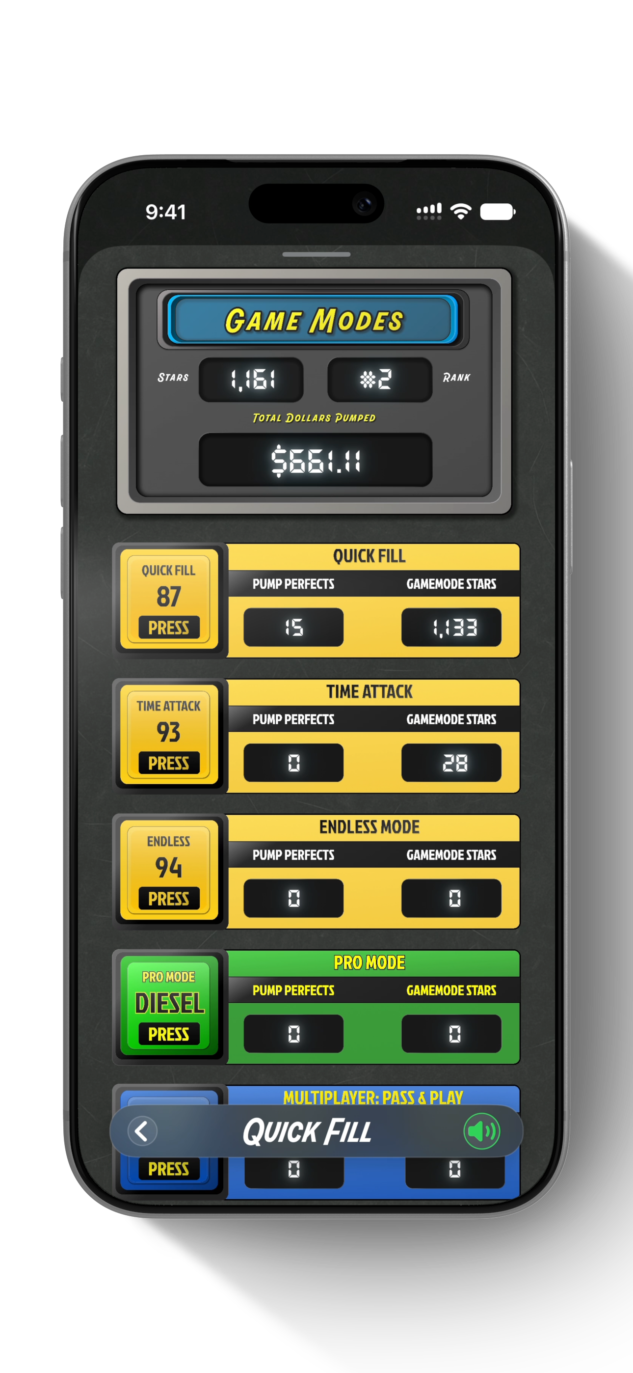 Pump Perfect game modes with Quick Fill, Time Attack, Endless, Pro Mode, and Pass and Play