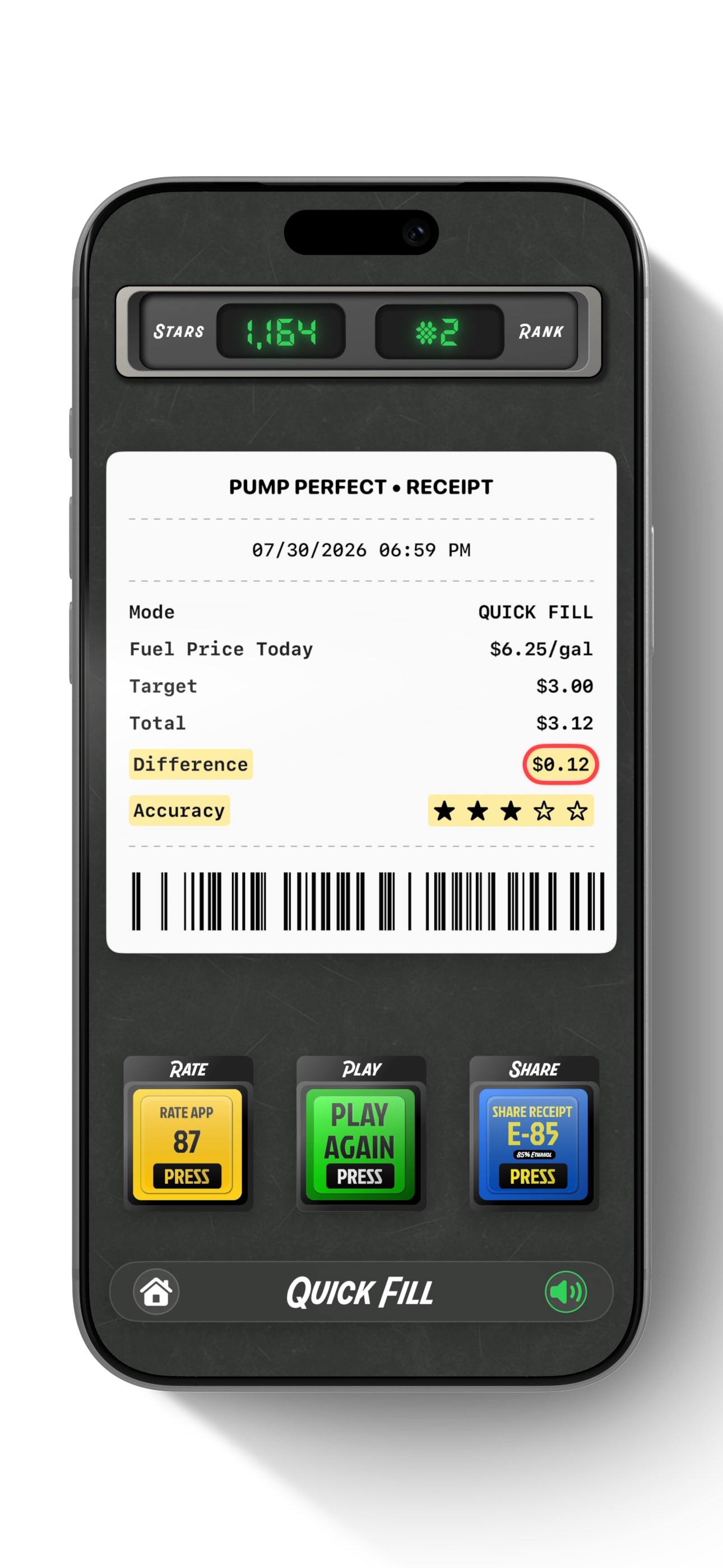 Pump Perfect result receipt with difference and star accuracy