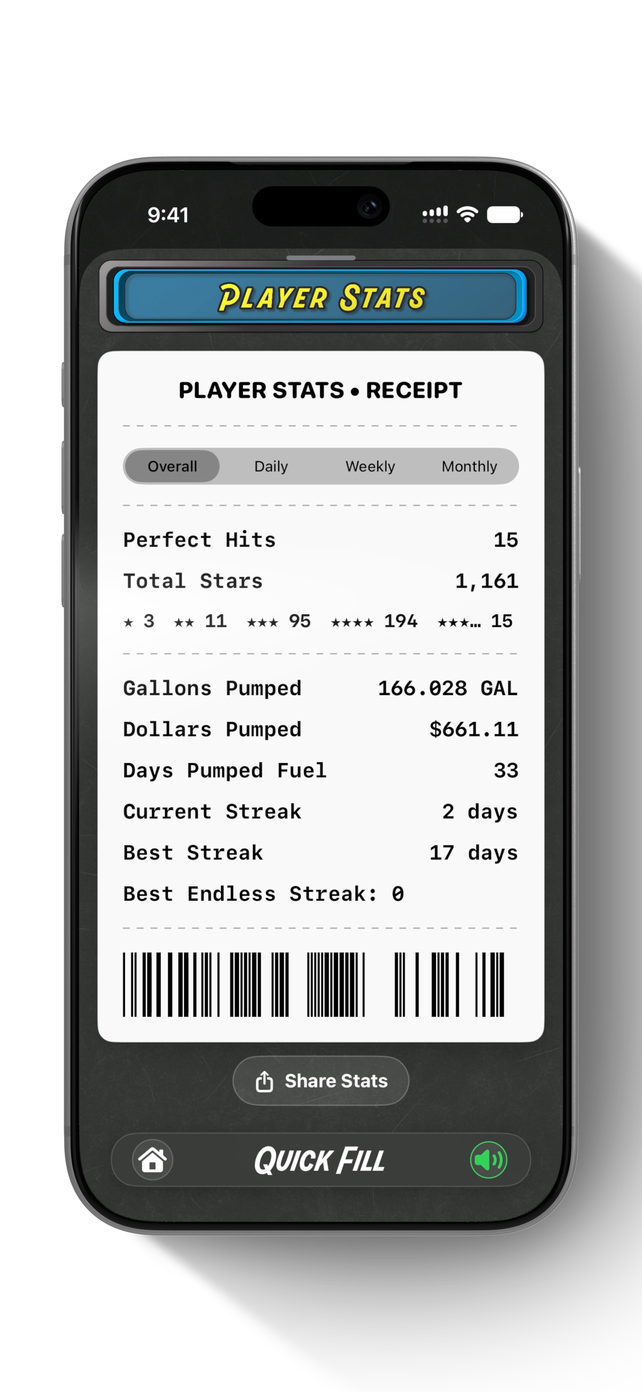 Pump Perfect player stats receipt with stars, totals, and streaks